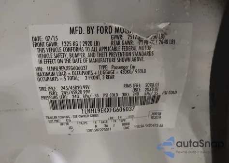 2015 Lincoln Mks from USA, damaged, VIN 1LNHL9EKXFG606037